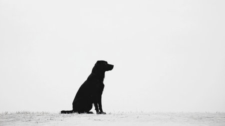 A simple yet captivating scene with a black dog silhouette sitting quietly, set against a clean, bright white background.の素材