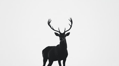Black silhouette of a standing deer with antlers, elegantly outlined against a bright white background, creating a striking minimalist contrast.の素材