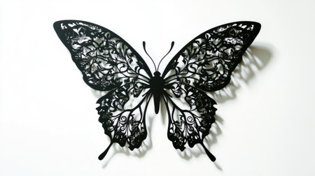 A striking silhouette of a butterfly with intricate wing patterns, boldly contrasting against a bright white background.の素材