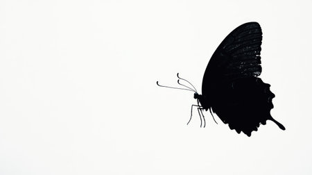 Simple yet captivating scene of a butterflyas black silhouette against a bright white background, emphasizing its elegant form.の素材