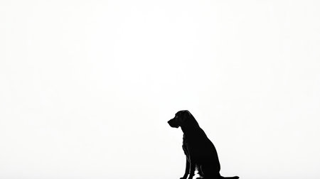 Minimalistic scene of a dogas black silhouette sitting still, set against a brilliant white background, highlighting contrast and simplicity.の素材