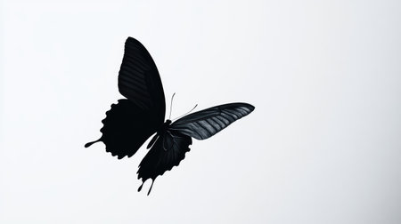 Black butterfly silhouette in mid-flight, starkly set against a pure white background, creating a minimalist and elegant contrast.の素材