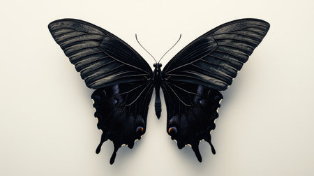 Black butterfly silhouette with wings spread wide, creating a strong contrast against a simple, bright white background.の素材