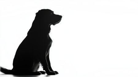 A simple yet captivating scene with a black dog silhouette sitting quietly, set against a clean, bright white background.の素材