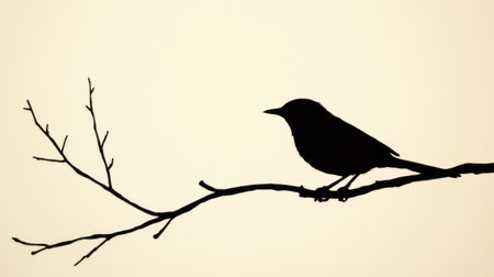 Minimalist scene of a birdas black silhouette sitting quietly, outlined against a vivid white background, creating a dramatic contrast.の素材