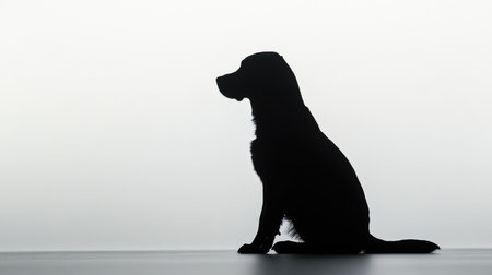 A sitting dog in black silhouette, poised against a pristine white background, creating a visually striking contrast.の素材