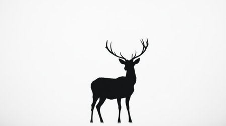 A deer in black silhouette, standing gracefully with antlers visible, contrasting against a clean white background for a minimalist effect.の素材