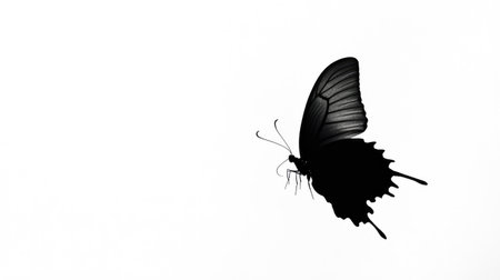 Black butterfly silhouette in mid-flight, starkly set against a pure white background, creating a minimalist and elegant contrast.の素材