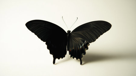 Black silhouette of a butterfly resting with wings spread, sharply contrasted against a clean white background for a minimalist effect.の素材