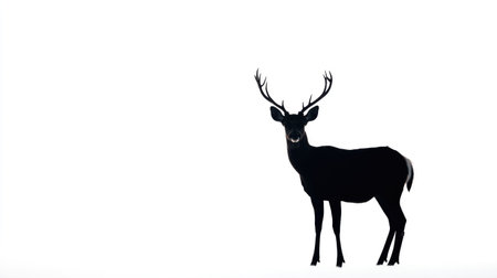 A solitary deer in silhouette, its black form standing out against a pure white background, offering strong visual contrast and simplicity.の素材