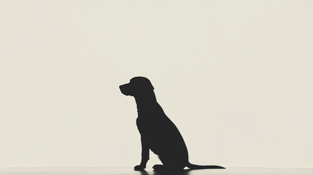 Minimalistic scene of a dogas black silhouette sitting still, set against a brilliant white background, highlighting contrast and simplicity.の素材
