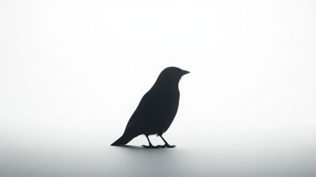 A lone bird in black silhouette, sitting still against a clean white backdrop, creating a simple yet impactful visual.の素材