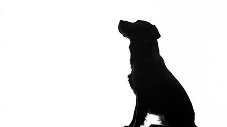 Minimalist silhouette of a sitting dog, stark black against a pure white background, offering strong visual contrast and simplicity.の素材