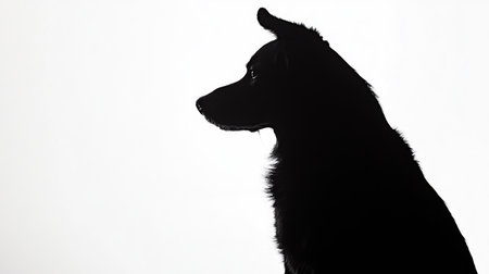 Black silhouette of a dog sitting peacefully, sharply outlined against a bright white background, creating a simple yet powerful image.の素材