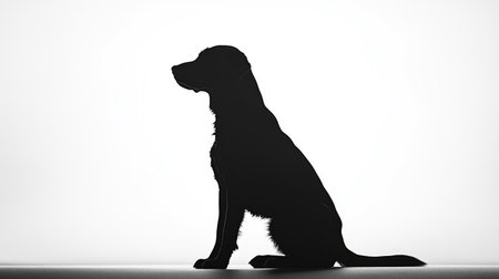 Minimalistic scene of a dogas black silhouette sitting still, set against a brilliant white background, highlighting contrast and simplicity.の素材