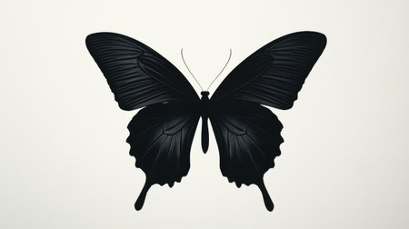 Black butterfly silhouette with wings spread wide, creating a strong contrast against a simple, bright white background.の素材