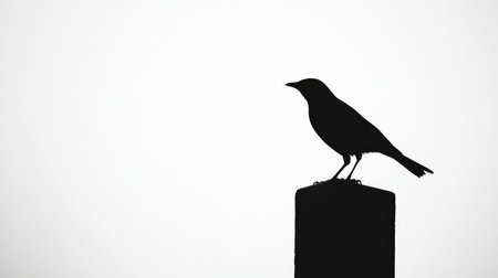 Black silhouette of a perched bird, elegantly outlined against a bright white background, creating a striking minimalist contrast.の素材