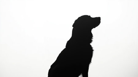 Black silhouette of a dog sitting peacefully, sharply outlined against a bright white background, creating a simple yet powerful image.の素材