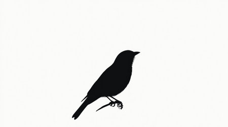 Black silhouette of a perched bird, elegantly outlined against a bright white background, creating a striking minimalist contrast.の素材