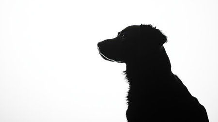 Black silhouette of a dog sitting peacefully, sharply outlined against a bright white background, creating a simple yet powerful image.の素材