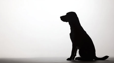 A sitting dog in black silhouette, poised against a pristine white background, creating a visually striking contrast.の素材