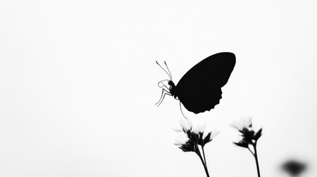 Minimalist image of a butterflyas black silhouette gently perched, with a white background emphasizing the delicate contrast.の素材