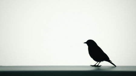 Minimalist scene of a birdas black silhouette sitting quietly, outlined against a vivid white background, creating a dramatic contrast.の素材