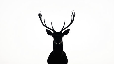 Silhouette of a deer standing still, its antlers prominent against a pure white background, showcasing minimalism and contrast.の素材