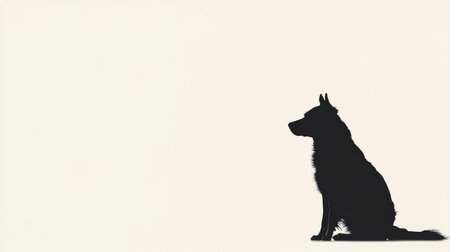 Silhouette of a sitting dog in solid black, framed by a bright, empty white background, for a striking minimalist scene.の素材