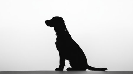 Black silhouette of a sitting dog, elegantly positioned against a stark white background, creating a striking contrast and minimalist vibe.の素材