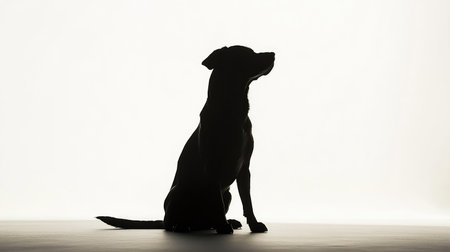 Silhouette of a sitting dog in solid black, framed by a bright, empty white background, for a striking minimalist scene.の素材