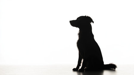 Silhouette of a sitting dog, sharply defined against a bright white backdrop, emphasizing minimalism and contrast in the scene.の素材