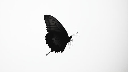 Butterfly in flight, captured as a black silhouette, standing out vividly against a stark white background for a minimalist scene.の素材