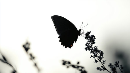 Simple yet captivating scene of a butterflyas black silhouette against a bright white background, emphasizing its elegant form.の素材