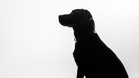 Black silhouette of a sitting dog, elegantly positioned against a stark white background, creating a striking contrast and minimalist vibe.の素材