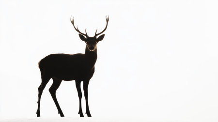 Silhouette of a deer standing still, its black figure sharply defined against a bright white background, highlighting minimalism and grace.の素材