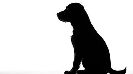 Silhouette of a sitting dog in solid black, framed by a bright, empty white background, for a striking minimalist scene.の素材