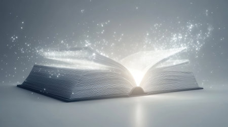 Futuristic book with soft light floating from it, representing advanced learning and technology, isolated on a minimal white backdrop.の素材