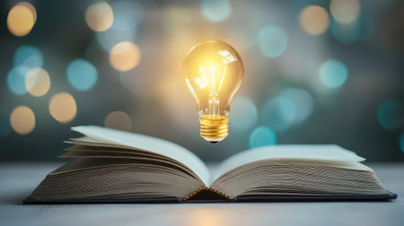 A floating, glowing light bulb emerges from an open book, symbolizing tech-powered learning and innovation, isolated on a minimal white background.の素材