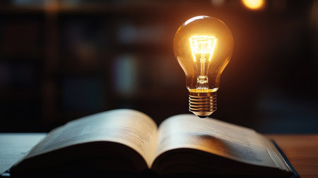 Glowing light bulb hovers above an open book, representing knowledge and technology on a simple, minimalistic backdrop.の素材