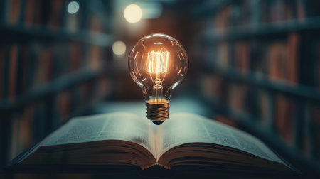A floating light bulb, glowing above an open book, symbolizes the blend of education and technology in a clean, simple scene.の素材