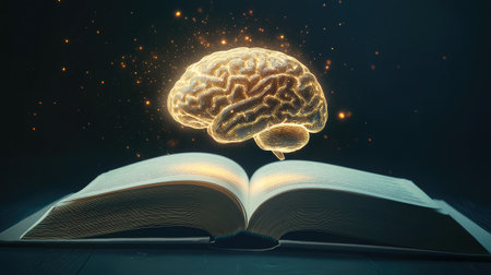 A human brain, glowing and created by AI, floats from the pages of an open book, symbolizing the blend of education and advanced technology on a simple background.の素材