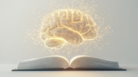A glowing human brain created by AI floats out of an open book, symbolizing futuristic learning and technology on a simple, white background.の素材