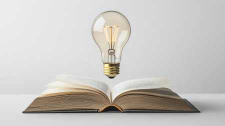 A light bulb floats out of an open book, symbolizing innovation in education and technology, isolated on a clean, white background.の素材