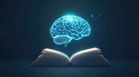 A glowing human brain created by AI floats out of an open book, symbolizing the future of learning through technology, on a minimalist background.の素材