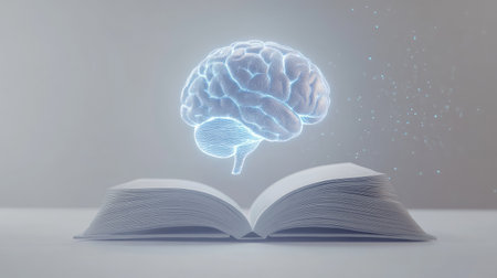 A glowing human brain created by AI floats out of an open book, symbolizing futuristic learning and technology on a simple, white background.の素材