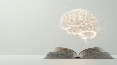AI-generated glowing brain floats from an open book, representing education and technological innovation, set against a simple white background.の素材