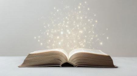 Floating light emerges from an open book, representing futuristic technology in education, set against a minimalist white backdrop.の素材