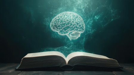 Open book with an AI-generated human brain glowing and floating upwards, representing the merging of knowledge and technology in a minimal setting.の素材