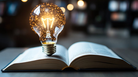 Floating light bulb glows above an open book, symbolizing the intersection of education and technology in a clean, minimalistic setting.の素材